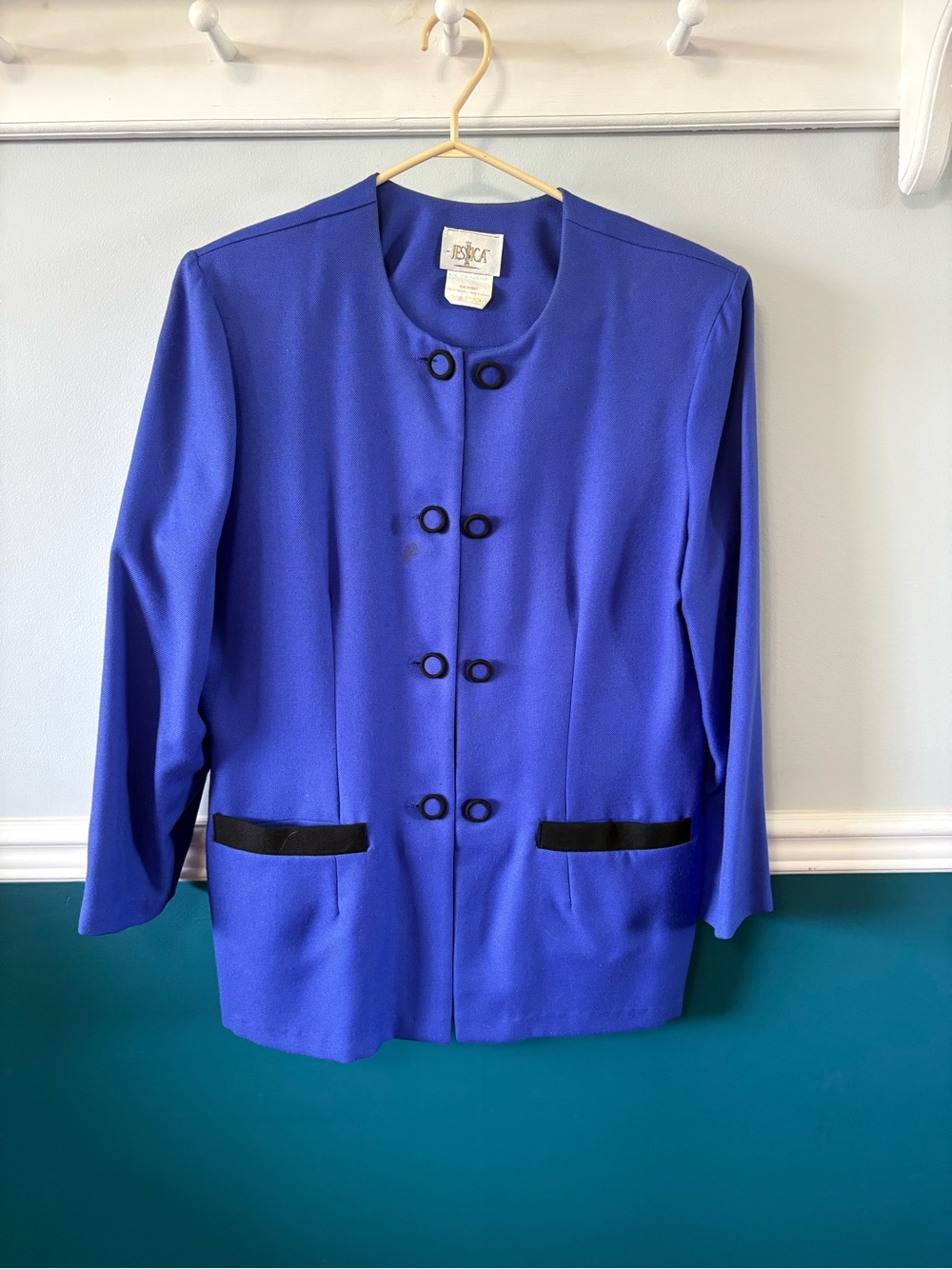 Vintage Jessica Royal Blue Blazer with Black Pocket Trim